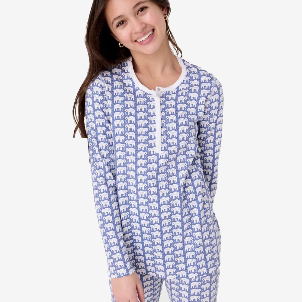 NEW Roller Rabbit Women's Hathi Blue Elephant Print Pajama Top Henley Sz M Pima
